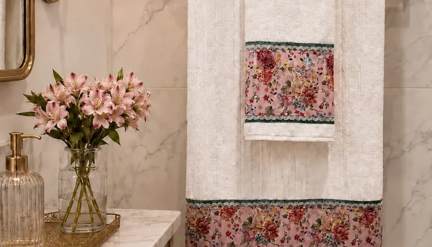 Kit Toalhas Floral Rosê com Necessaire e Lixa