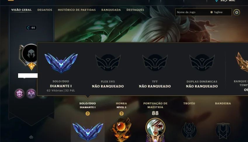 Diamante 1 com 45 Champs e 7 Skins