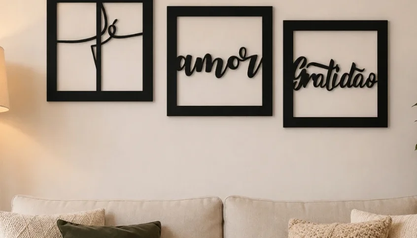 Kit 3 Quadros Fé Amor Gratidão em MDF Preto 25 cm