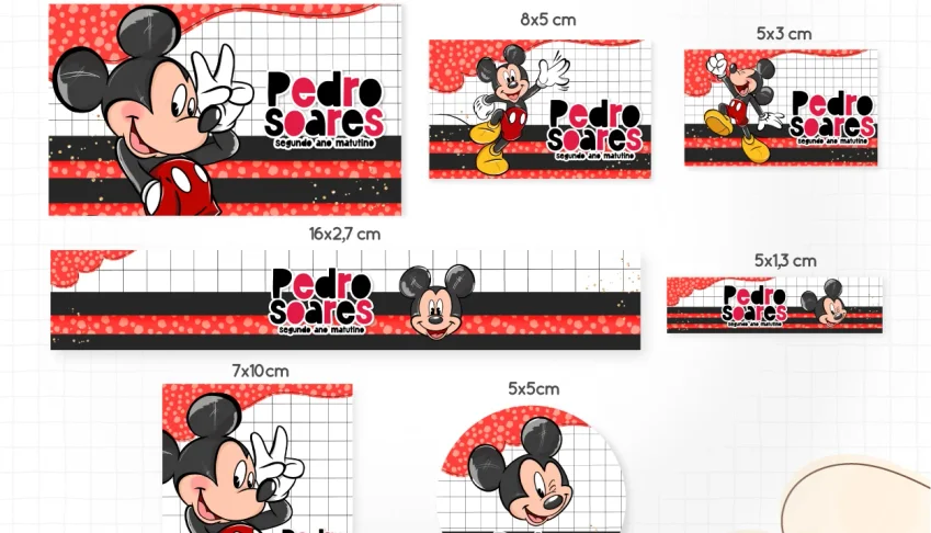 Kit Personalizado Mickey: Etiquetas, Caneca e Toalhinha