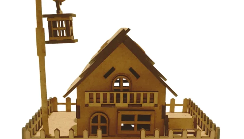 Mini Casinha mdf encantadora com poste, banco e cerca