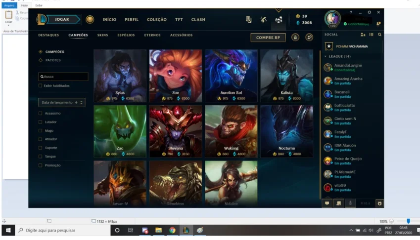 Conta com quase todos Campeões (falta apenas 11) 104 Skins