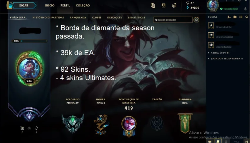 Vendo conta Plat4. 92 Skins. 4 ultimates. 38k de EA
