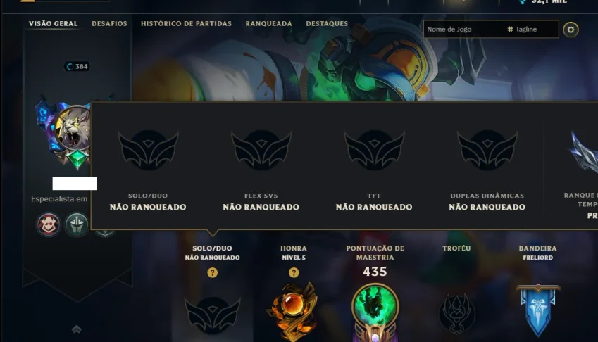 Unranked com 150 Champs e 185 Skins ( MID / TOP / JG )