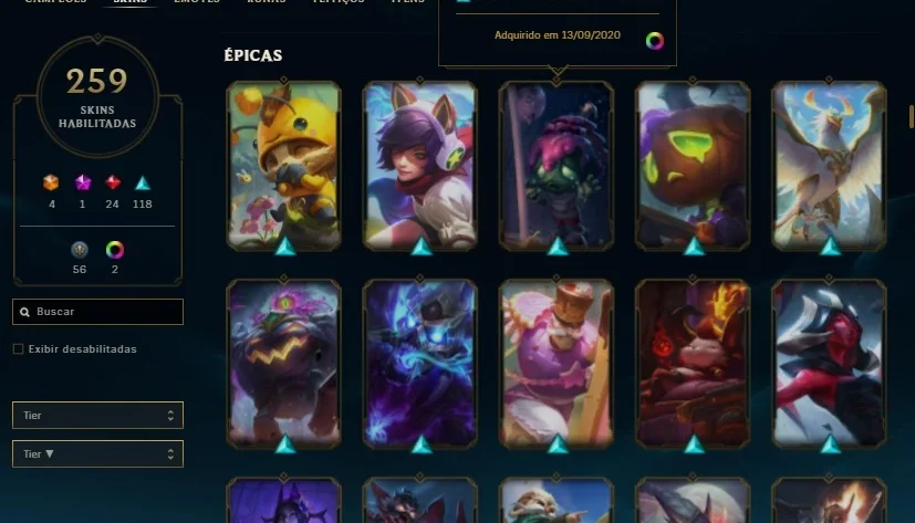 Conta de lol 260 skins, elo anterior plat 3