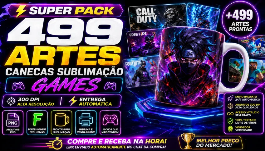 ⚡ Super Pack 499 Artes Canecas Sublimação Games | 300 Dpi |