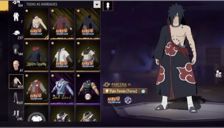 1 X 400 Peita +Melhores Skins Naruto,Fitinha+Arma Evolutiva
