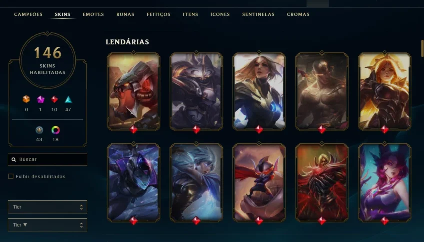 Conta lol nv 320, 146 skins (43 lagadas), 18 cromas