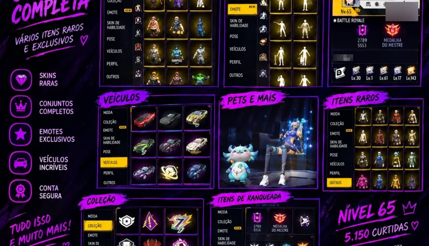 Conta free fire lvl 65