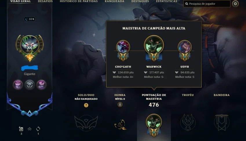 Conta LOL Nível 374 Unraked