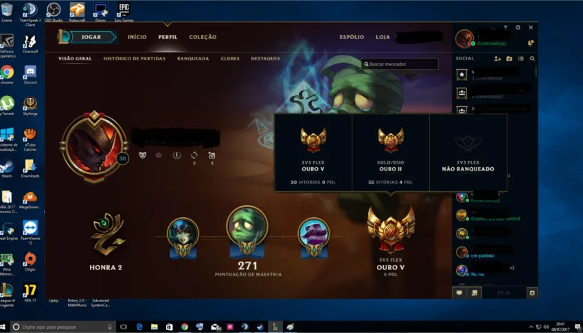 League Of Legends, Conta Ouro 2, MMR alto, 199 skins