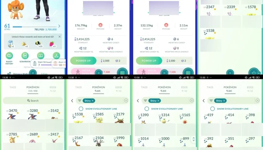 Lvl 61 + 2 Mewtwo 2.4M Stardust + 64 Shinies + Hundos 025A