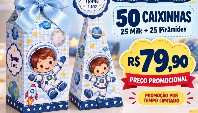 Kit 50 Caixinhas Personalizadas - 25 Milk e 25 Pirâmides