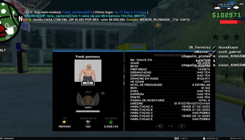 Vendo Conta Samp No Hrz1 Level 113 Com 3Kk