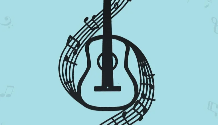 Violão com Notas Musicais em MDF Preto 43 x 20 cm