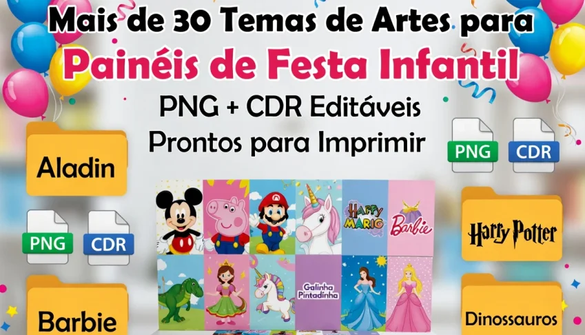 +30 Temas de Artes para Painéis de Festa Infantil Editáveis