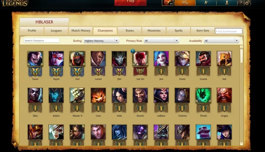 Conta de lol unranked com 137 champs e 138 skins