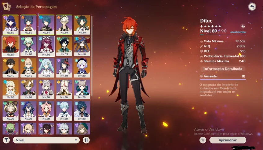 Genshin Impact Com Diluc C2 Vermelho Escarlate E Muito mais