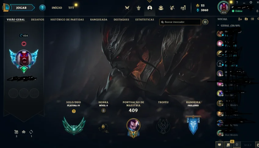Conta de Lol Plat 3 +100 skins 1 ultimate 2 misticas 8 lenda