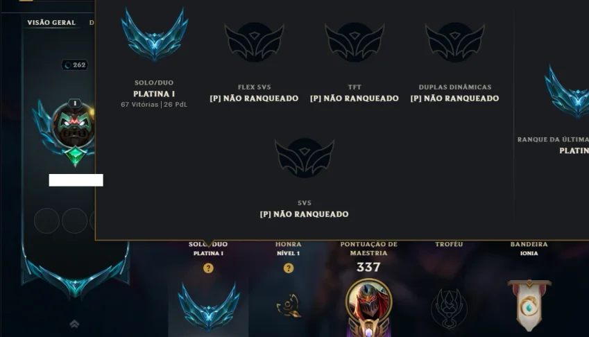 Platina 1 com 115 Champs e 121 Skins ( MID / JG / ADC )