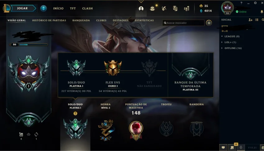 Conta Platina 1, 99pdl, lv 89, 59 champs e 14 skins