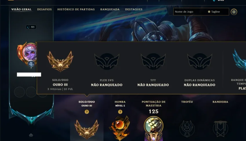 Ouro 3 com 90 Champs e 34 Skins ( JG / SUP / TOP )
