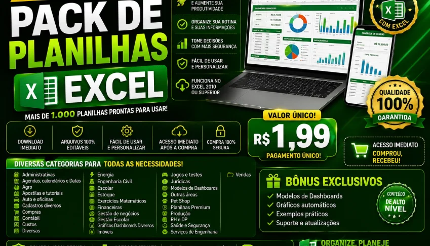 1 X Super Mega Pack Excel +40.000 Planilhas Prontas Editávei