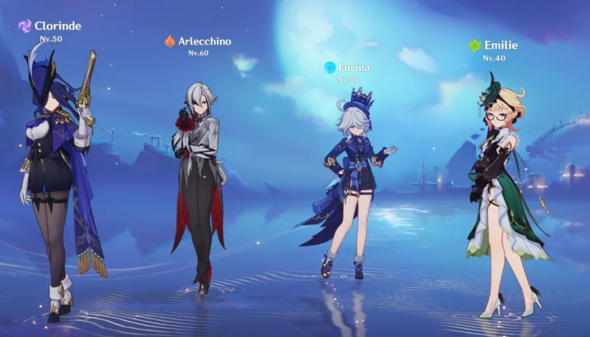 conta genshin clorinde, arlecchino, furina,emily,mona,kekqin