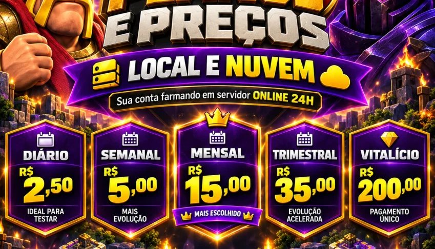 Clash Of Clans Bot: Auto Farm + Vila Full mensal de R$15,00