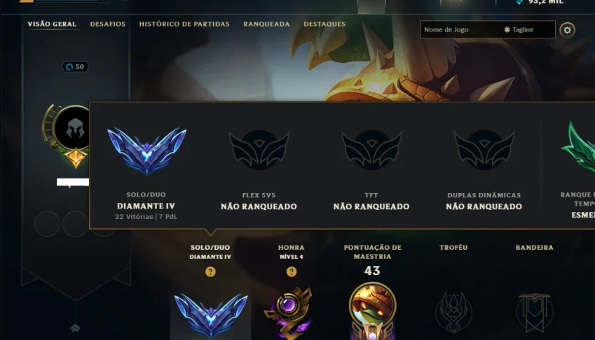 Diamante 4 com 40 Champs e 12 Skins