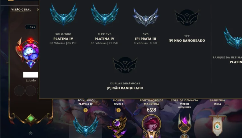 Platina 4 com TODOS os Champs e 283 Skins ( SUP / ADC )