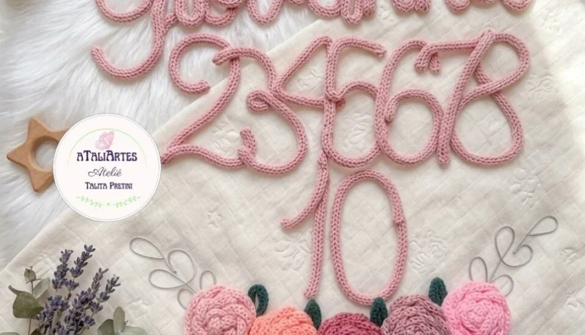 Kit Mêsversário Rosas com Nome Personalizado em Tricotin