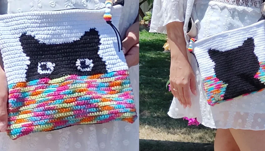 Bolsa transversal de crochê com gato colorido