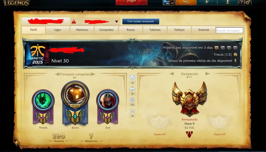 Conta criada em 2015 Ouro 5 com 62 skins e 123 campeoes
