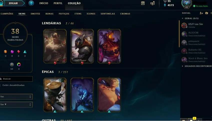 Conta Sem elo./elo anterior diamante 5. 118 Champs/ 38 skins