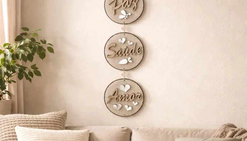 Pingente Decorativo Paz, Saúde e Amor em Juta