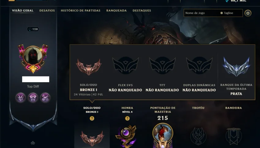 Bronze 1 com 80 Champs e 13 Skins ( Mais de 50 Jogos )