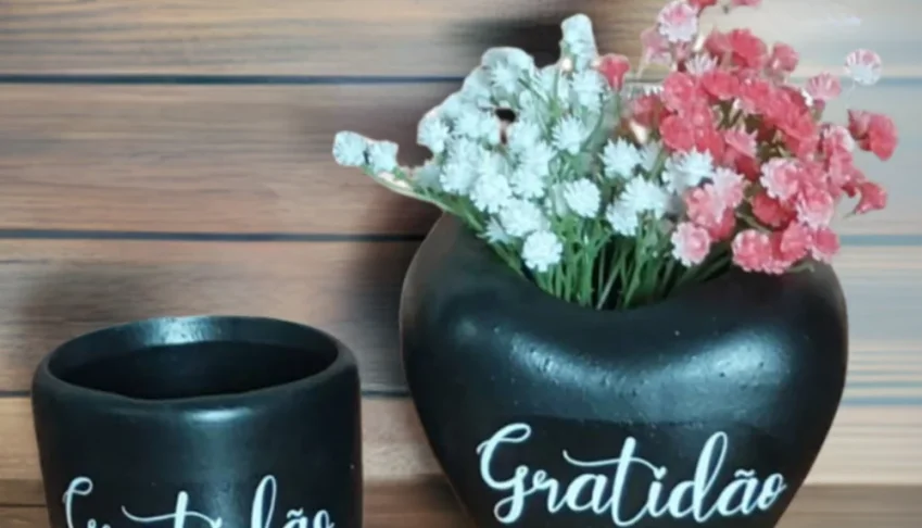 Conjunto vaso coração e cachepot Gratidão preto