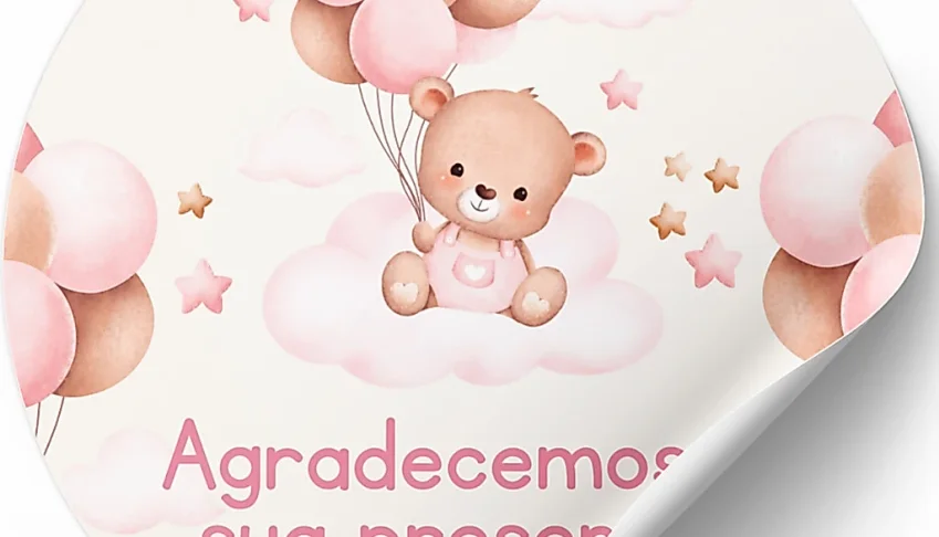 50 Adesivos Ursinha Rosa - Chá de Bebê