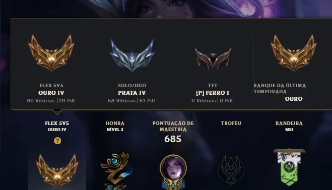 Conta de lol Elo: PRATA 4 (SOLOQ) OURO 4 (FLEX) 3 SKINS ULT