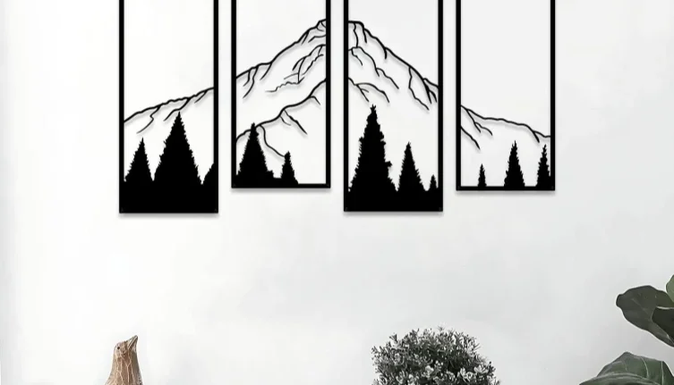 Kit 4 Quadros Montanhas e Floresta em MDF 42 x 18 cm