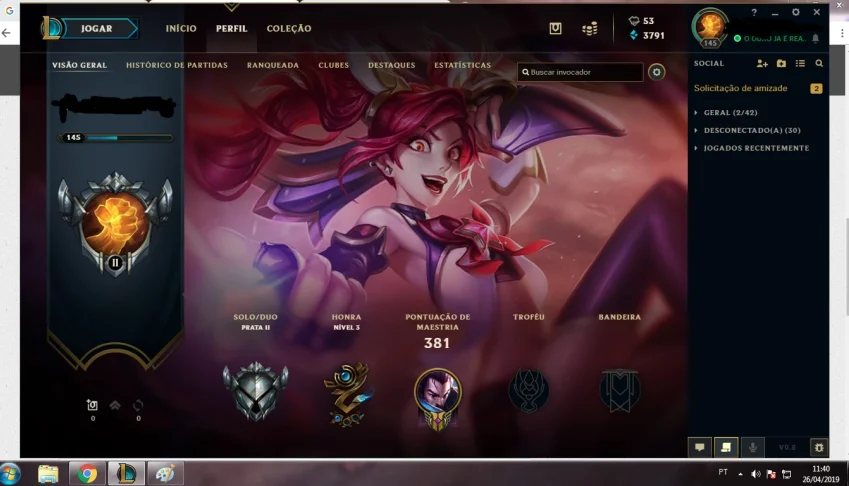 CONTA LEAGUE OF LEGENDS PRATA COM 9 PAGINAS DE RUNA 56 SKIN