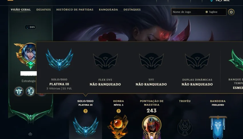 Platina 3 com 140 Champs e 68 Skins ( MID / JG / ADC )