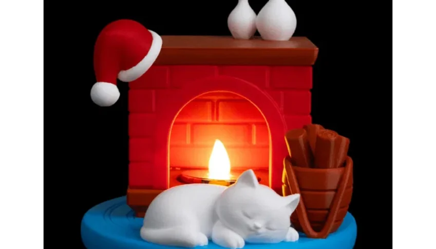 Luminária de Natal 3D Gato na Lareira - 12cm