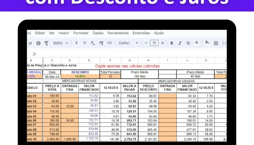 Planilha Cálculo De Preços Com Desconto E Juros