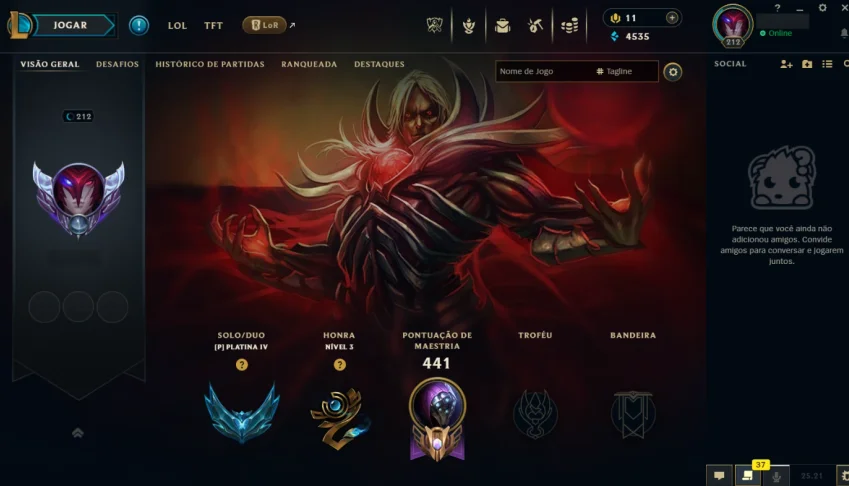 Nível 212, Platina Iv, 131 Champs E 85 Skins