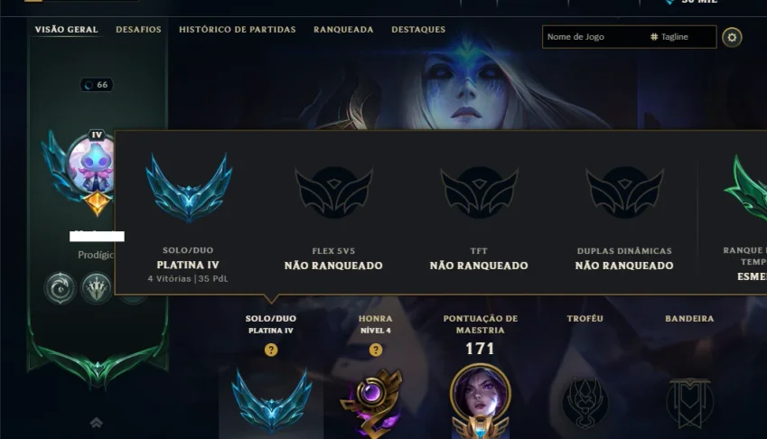 Platina 4 com 70 Champs e 8 Skins