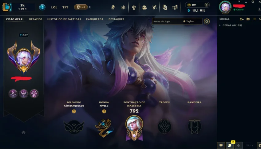 Conta LoL unranked lvl 557