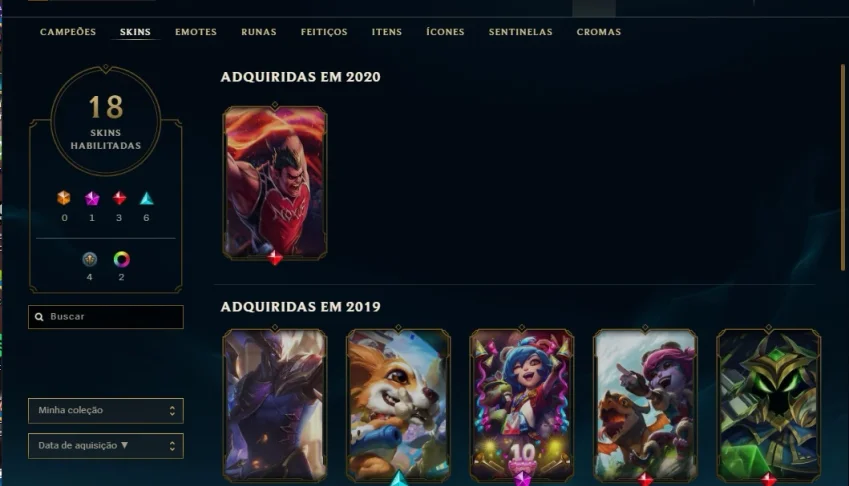 lol 18 skins (1 mitica, 3 lendarias, 6 epicas, 4 legado)