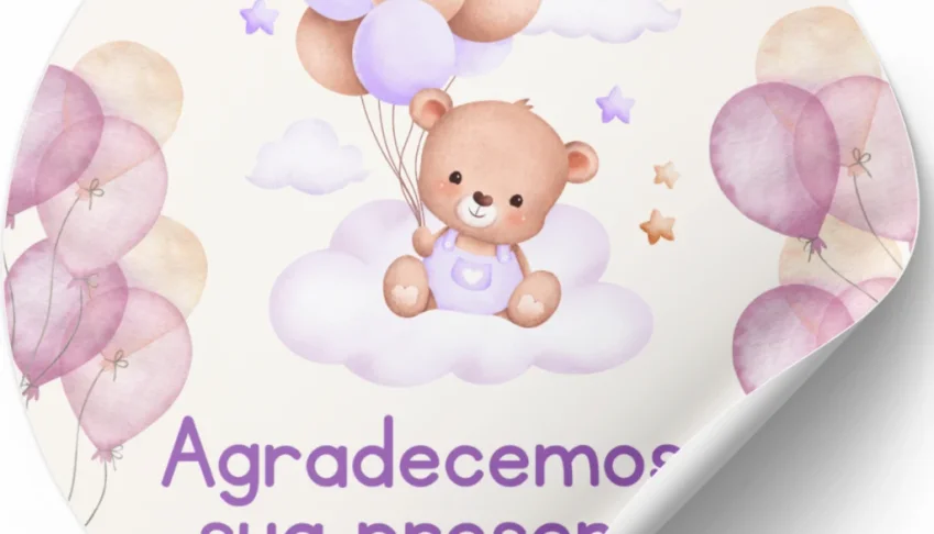 50 Adesivos Ursinho Lilás para Chá de Bebê